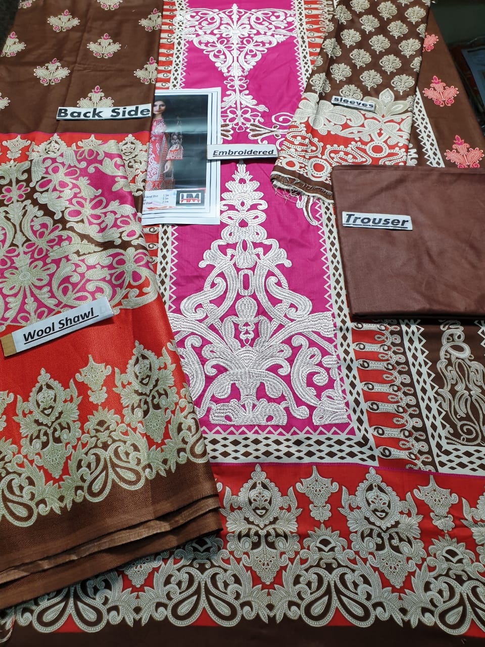 limelight UO-125Pink Embroidered Linen Three Piece With Woolen shawl